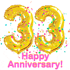 Sparkling gold balloons forming the number 33 with a burst of multicolored confetti and vibrant pink 'Happy Anniversary' text.