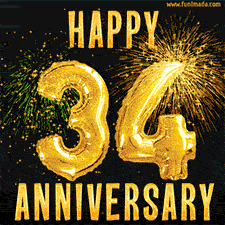 Bright golden balloons shaped like '34' with dazzling fireworks and 'Happy Anniversary' text shining on a black background.