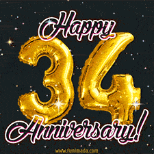 34' in golden balloon numbers and 'Happy Anniversary!' written in bold cursive, set on a shimmering starry black background.
