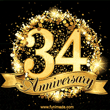 Shimmering '34 Anniversary' in gold, encased in a radiant confetti circle with a golden ribbon accent at the bottom.