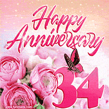 Pink peonies and butterfly adorn a 'Happy Anniversary 34' design, creating a warm and loving vibe for this milestone celebration.