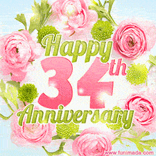 A gorgeous floral-themed 'Happy 34th Anniversary' with pink roses and green blossoms, surrounded by soft pastel accents, bringing elegance and joy.