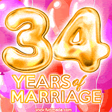 Bright '34 Years of Marriage' in shiny Bright letters, surrounded by colorful balloons on a cheerful and celebratory pink background.