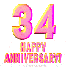 Sophisticated pink and gold '34 Happy Anniversary' text in a polished 3D look, crafted to highlight a significant milestone.
