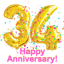 Sparkling gold balloons forming the number 34 with a burst of multicolored confetti and vibrant pink 'Happy Anniversary' text.