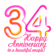 Stylish pink and yellow neon numbers '34' glowing brightly with a heartfelt 'Happy Anniversary to a beautiful couple!' written in pink cursive text.