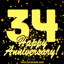 Large yellow '34' surrounded by shimmering gold stars and the celebratory message 'Happy Anniversary!' below in cursive.