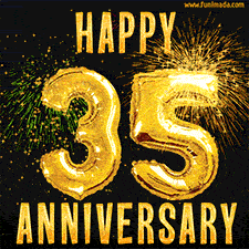 Bright golden balloons shaped like '35' with dazzling fireworks and 'Happy Anniversary' text shining on a black background.