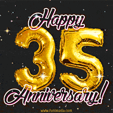 35' in golden balloon numbers and 'Happy Anniversary!' written in bold cursive, set on a shimmering starry black background.
