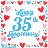 Animated 'Happy 35th Anniversary!' message in large blue text surrounded by a hand-drawn border of red, pink, and blue hearts on a white background.