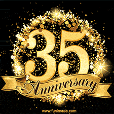 Shimmering '35 Anniversary' in gold, encased in a radiant confetti circle with a golden ribbon accent at the bottom.