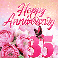 Pink peonies and butterfly adorn a 'Happy Anniversary 35' design, creating a warm and loving vibe for this milestone celebration.