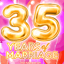 Bright '35 Years of Marriage' in shiny Bright letters, surrounded by colorful balloons on a cheerful and celebratory pink background.