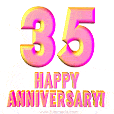Sophisticated pink and gold '35 Happy Anniversary' text in a polished 3D look, crafted to highlight a significant milestone.