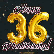 36' in golden balloon numbers and 'Happy Anniversary!' written in bold cursive, set on a shimmering starry black background.