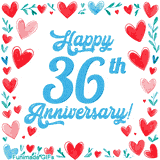 Animated 'Happy 36th Anniversary!' message in large blue text surrounded by a hand-drawn border of red, pink, and blue hearts on a white background.