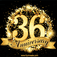 Shimmering '36 Anniversary' in gold, encased in a radiant confetti circle with a golden ribbon accent at the bottom.