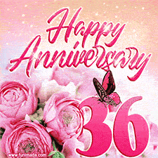 Pink peonies and butterfly adorn a 'Happy Anniversary 36' design, creating a warm and loving vibe for this milestone celebration.