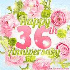 A gorgeous floral-themed 'Happy 36th Anniversary' with pink roses and green blossoms, surrounded by soft pastel accents, bringing elegance and joy.