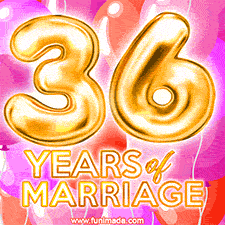 Bright '36 Years of Marriage' in shiny Bright letters, surrounded by colorful balloons on a cheerful and celebratory pink background.