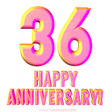Sophisticated pink and gold '36 Happy Anniversary' text in a polished 3D look, crafted to highlight a significant milestone.