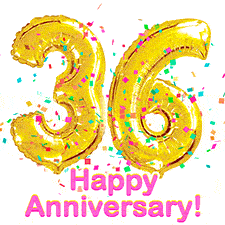 Sparkling gold balloons forming the number 36 with a burst of multicolored confetti and vibrant pink 'Happy Anniversary' text.