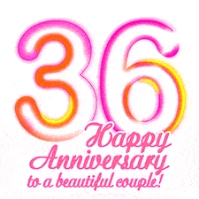 Stylish pink and yellow neon numbers '36' glowing brightly with a heartfelt 'Happy Anniversary to a beautiful couple!' written in pink cursive text.