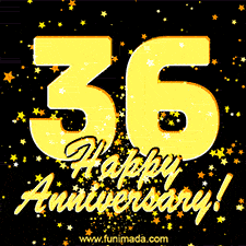 Large yellow '36' surrounded by shimmering gold stars and the celebratory message 'Happy Anniversary!' below in cursive.