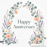 An elegant floral arch composed of eucalyptus leaves, white daisies, lavender, and peach flowers frames the words Happy Anniversary on a clean white background.