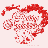 A heart-shaped design made of red hearts surrounds the elegant text 'Happy Anniversary' with the bold number '38' below.