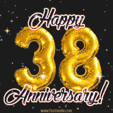 38' in golden balloon numbers and 'Happy Anniversary!' written in bold cursive, set on a shimmering starry black background.