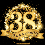 Shimmering '38 Anniversary' in gold, encased in a radiant confetti circle with a golden ribbon accent at the bottom.
