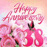 Pink peonies and butterfly adorn a 'Happy Anniversary 38' design, creating a warm and loving vibe for this milestone celebration.