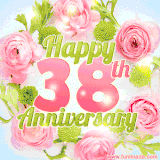 A gorgeous floral-themed 'Happy 38th Anniversary' with pink roses and green blossoms, surrounded by soft pastel accents, bringing elegance and joy.