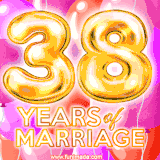 Bright '38 Years of Marriage' in shiny Bright letters, surrounded by colorful balloons on a cheerful and celebratory pink background.