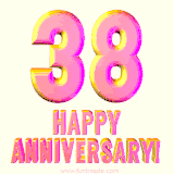 Sophisticated pink and gold '38 Happy Anniversary' text in a polished 3D look, crafted to highlight a significant milestone.