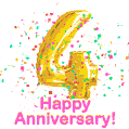 Happy Anniversary! Gold Number 4 Balloon and Confetti GIF.