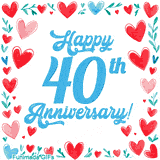Animated 'Happy 40th Anniversary!' message in large blue text surrounded by a hand-drawn border of red, pink, and blue hearts on a white background.