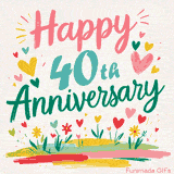 Vibrant animated greeting with pastel hearts and playful flowers under a bright 'Happy 40th Anniversary' message.