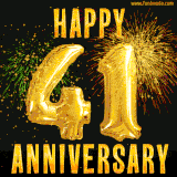 Bright golden balloons shaped like '41' with dazzling fireworks and 'Happy Anniversary' text shining on a black background.