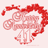 A heart-shaped design made of red hearts surrounds the elegant text 'Happy Anniversary' with the bold number '41' below.