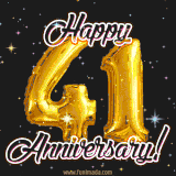 41' in golden balloon numbers and 'Happy Anniversary!' written in bold cursive, set on a shimmering starry black background.