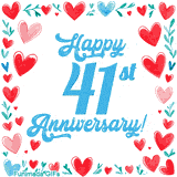 Animated 'Happy 41st Anniversary!' message in large blue text surrounded by a hand-drawn border of red, pink, and blue hearts on a white background.