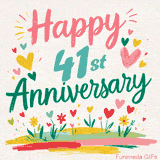 Vibrant animated greeting with pastel hearts and playful flowers under a bright 'Happy 41st Anniversary' message.