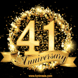 Shimmering '41 Anniversary' in gold, encased in a radiant confetti circle with a golden ribbon accent at the bottom.