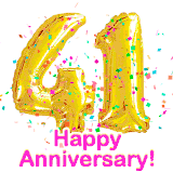 Sparkling gold balloons forming the number 41 with a burst of multicolored confetti and vibrant pink 'Happy Anniversary' text.