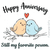 A hand-drawn illustration of a peach and a blue chubby bird sitting close together on a tree branch, with a single red heart floating above them on a white background.