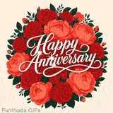 A lush circular bouquet of deep red roses and bright orange peonies with dark green leaves on a cream background, featuring the words Happy Anniversary in white cursive.