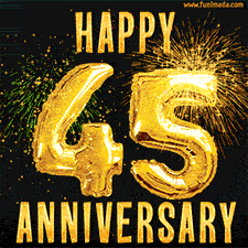 Bright golden balloons shaped like '45' with dazzling fireworks and 'Happy Anniversary' text shining on a black background.