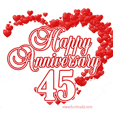 A heart-shaped design made of red hearts surrounds the elegant text 'Happy Anniversary' with the bold number '45' below.